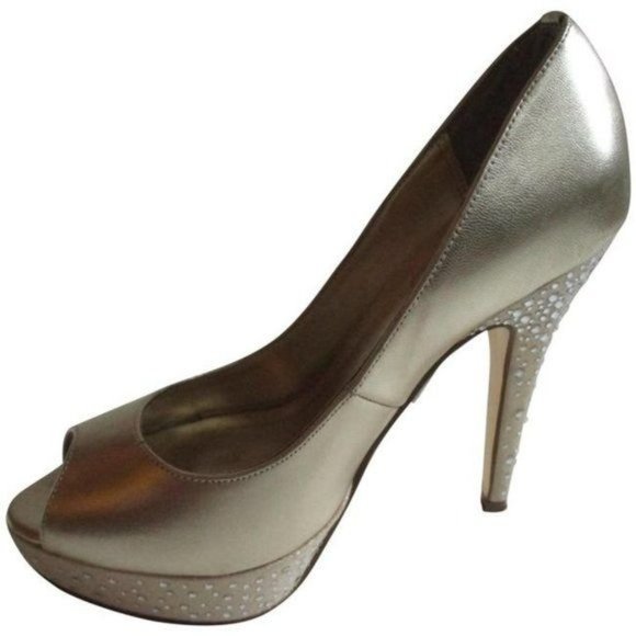 Mariah Carey Gold Champagne Rhinestone Peep Toe Stiletto Pumps - Size 6 - Picture 1 of 8